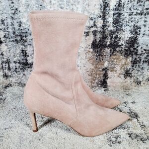 Stuart Weitzman Women's Wren 75 Bootie Stretch Suede Beige Pointed Toe Size 7.5